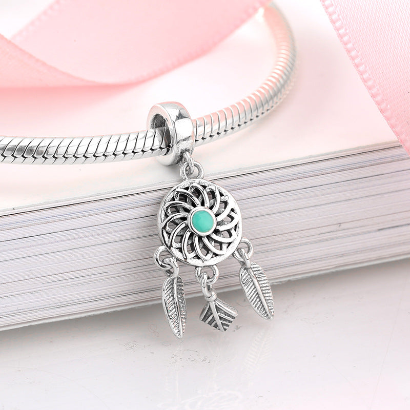 S925 Sterling Silver Dream Catcher Hollow Flower Feather Tassel Pendant