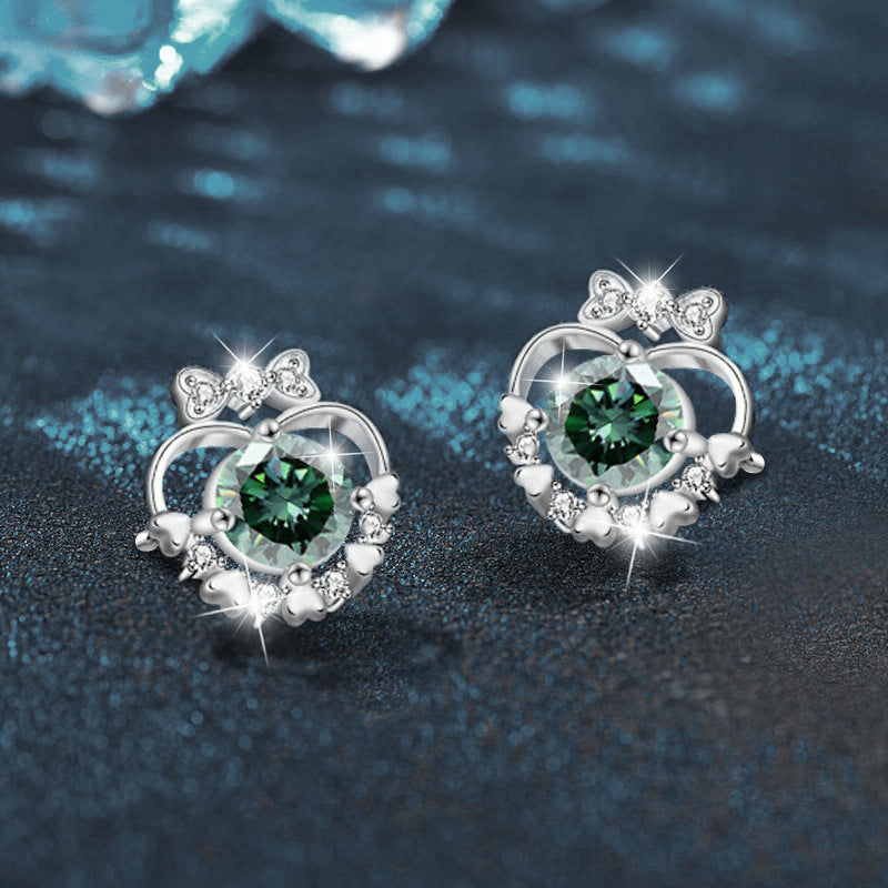 Moissanite and 925 Sterling Silver Heart & Bow Stud Earrings