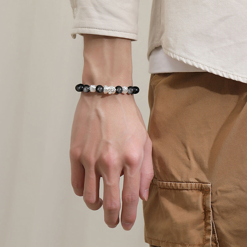 999 Fine Silver Pixiu Cool‑Style Obsidian Bracelet for Men