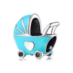 S925 Sterling Silver Sky Blue Baby Stroller Bead Pendant