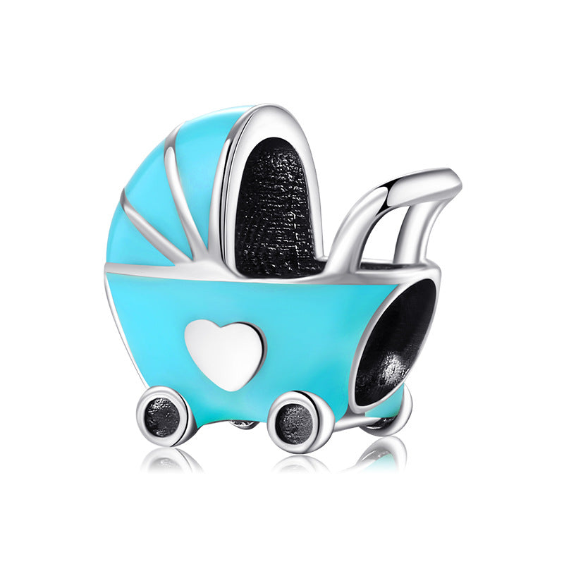 S925 Sterling Silver Sky Blue Baby Stroller Bead Pendant