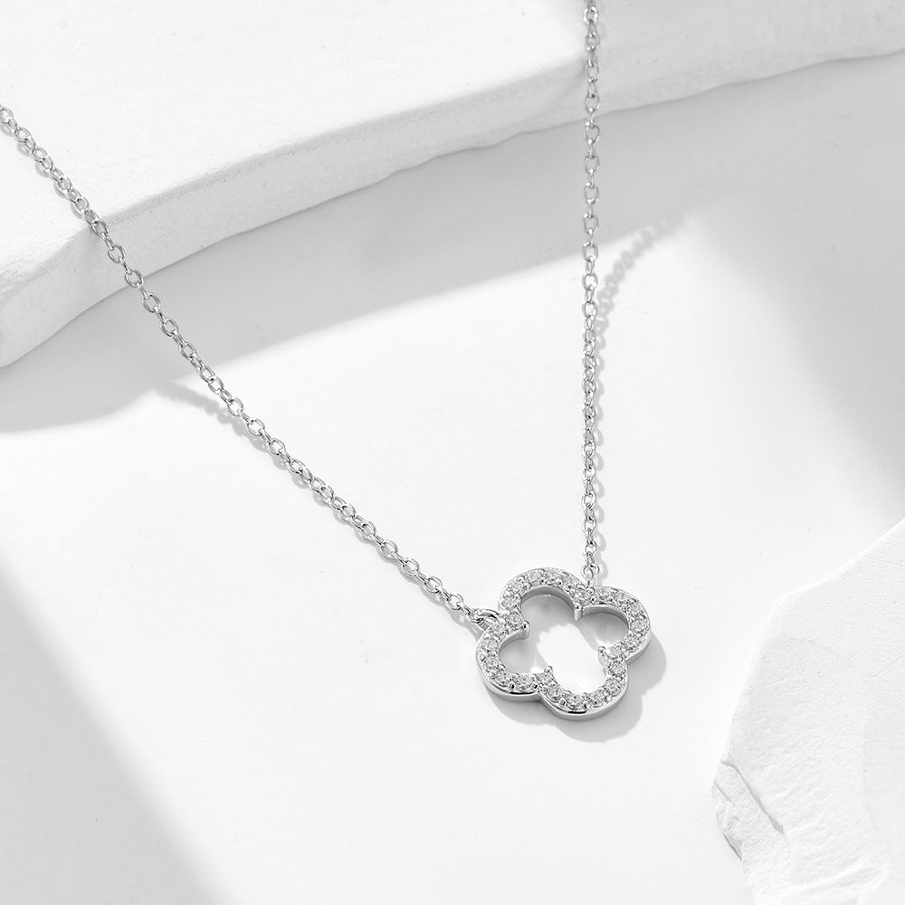 S925 Sterling Silver Hollow Zircon Inlaid Four Leaf Clover Necklace