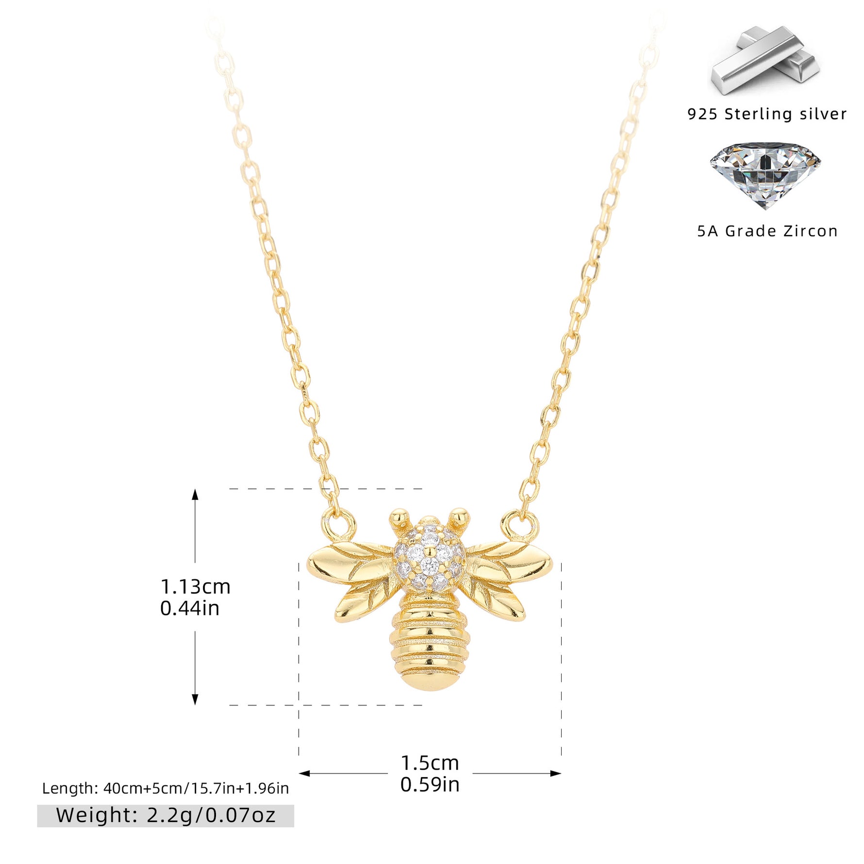 S925 pure silver fashionable zirconia bee-shaped necklace