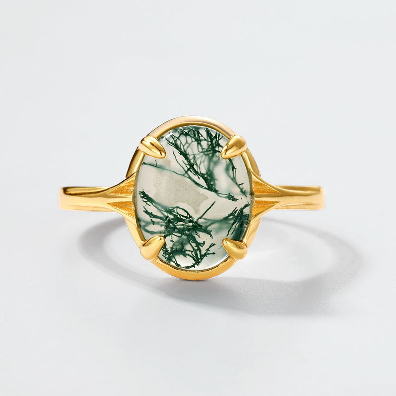 S925 Sterling Silver Gold-Plated Geometric Green Moss Ring
