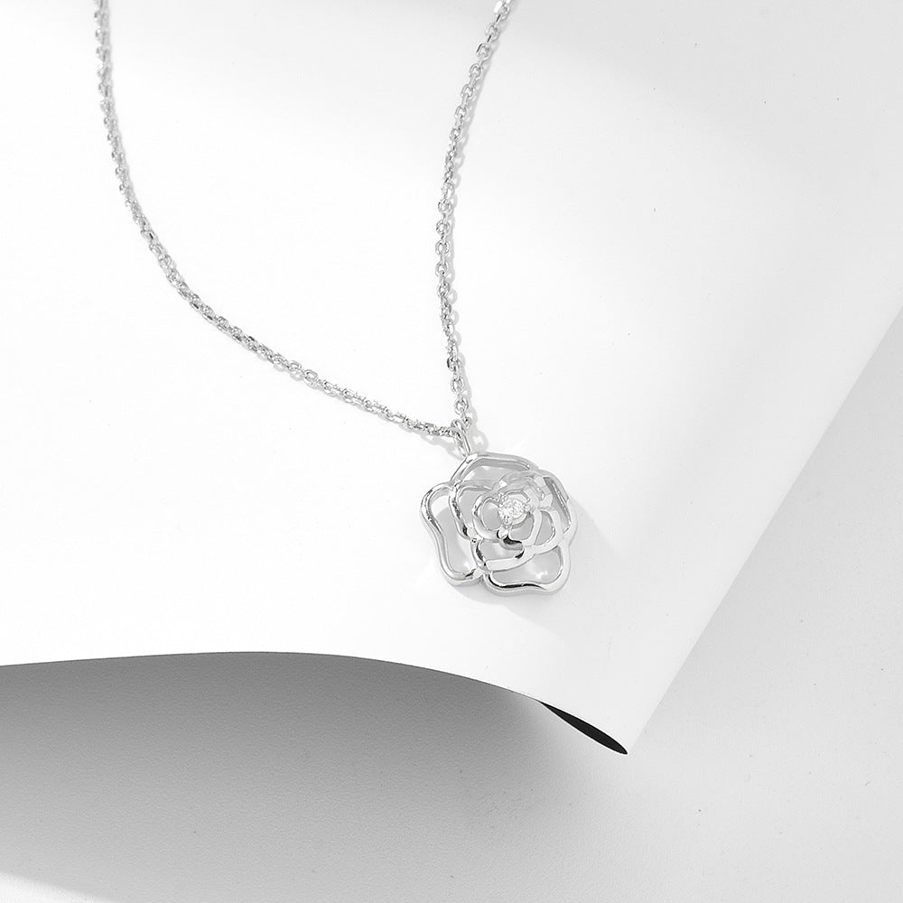 S925 Sterling Silver Retro Hollow Rose Zircon Necklace