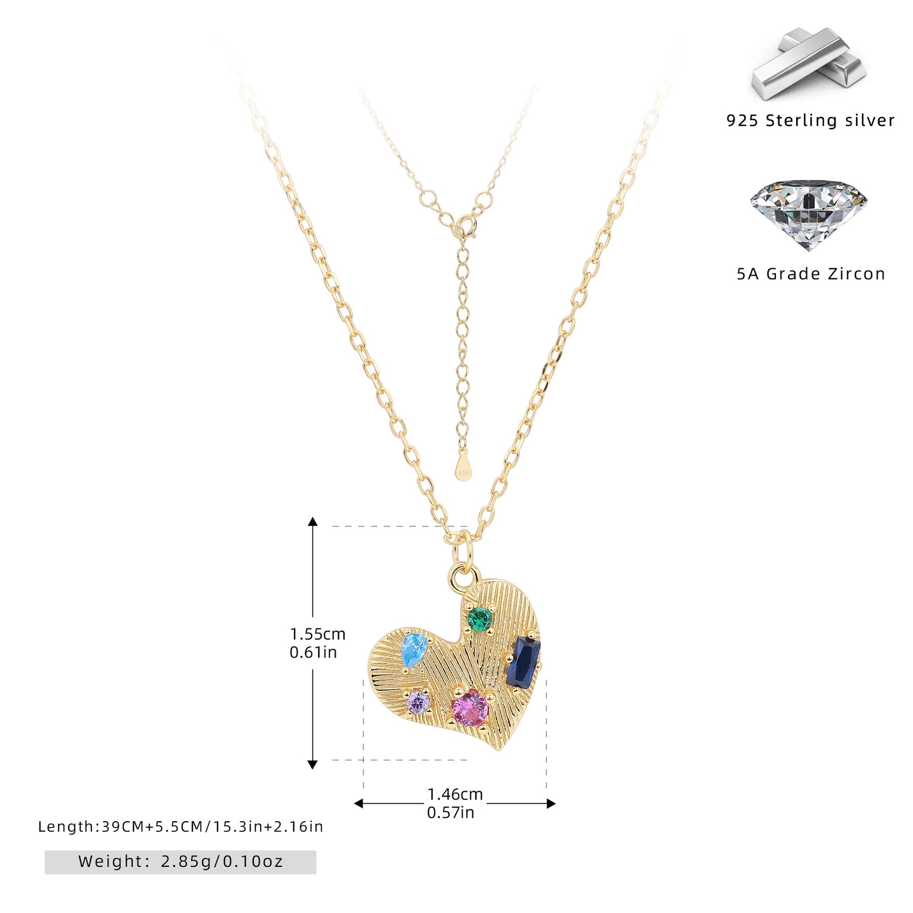 S925 Sterling Silver Heart Necklace Inlaid with Colored Zirconium