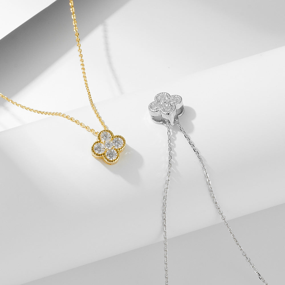 S925 Sterling Silver Zircon Inlaid Four Leaf Clover Necklace