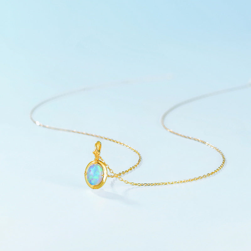 S925 Sterling Silver Plated Gold Synthetic Opal Charm Necklace