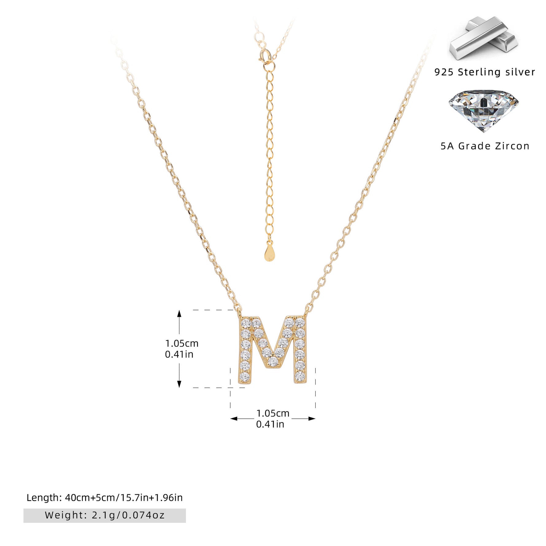 S925 Sterling Silver Simple Zircon Necklace with English Letters