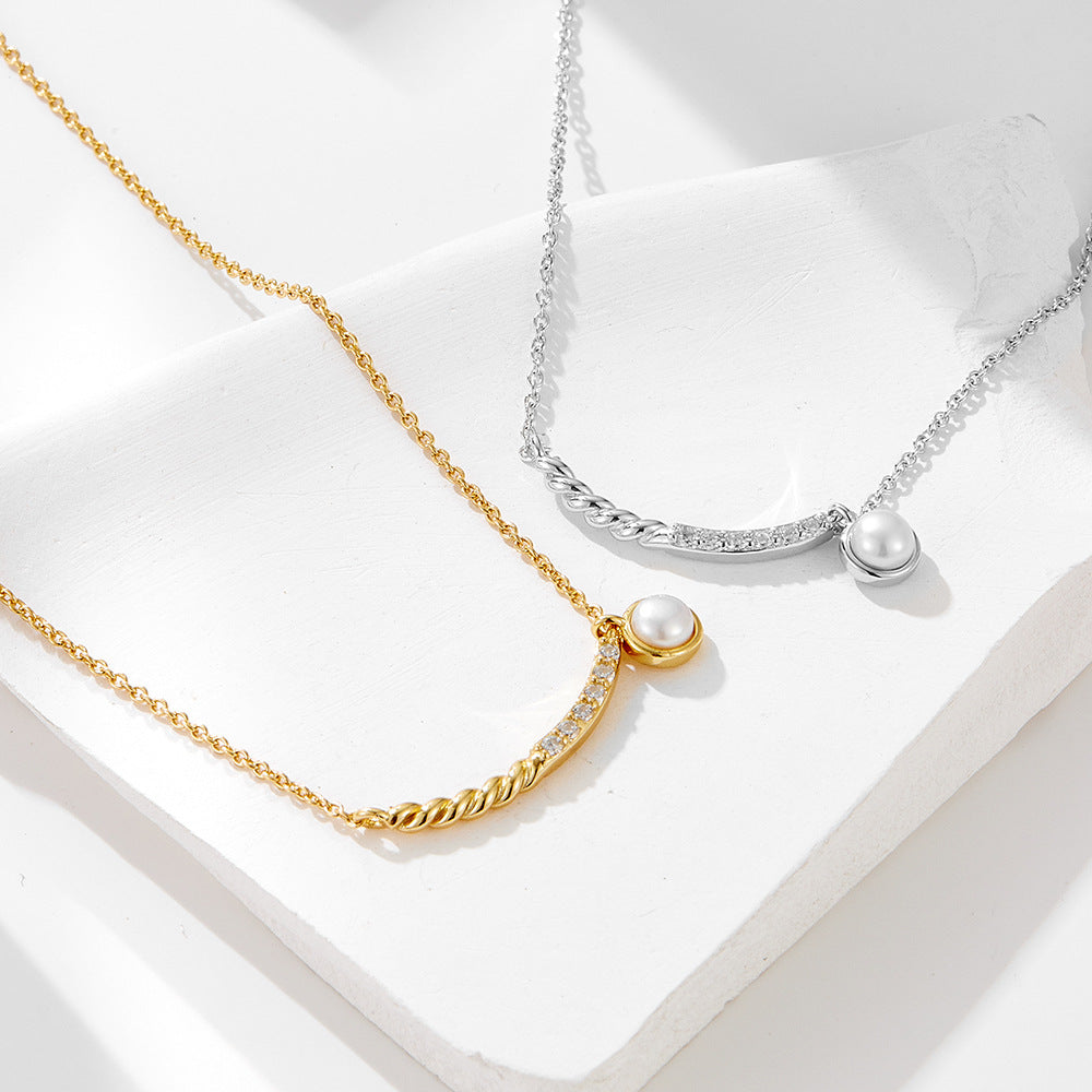 S925 Sterling Silver Simple Zircon Inlaid Pearl Pendant Necklace