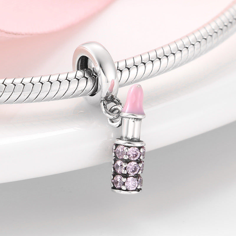 S925 Sterling Silver Inlaid Zircon Pink Lipstick Pendant