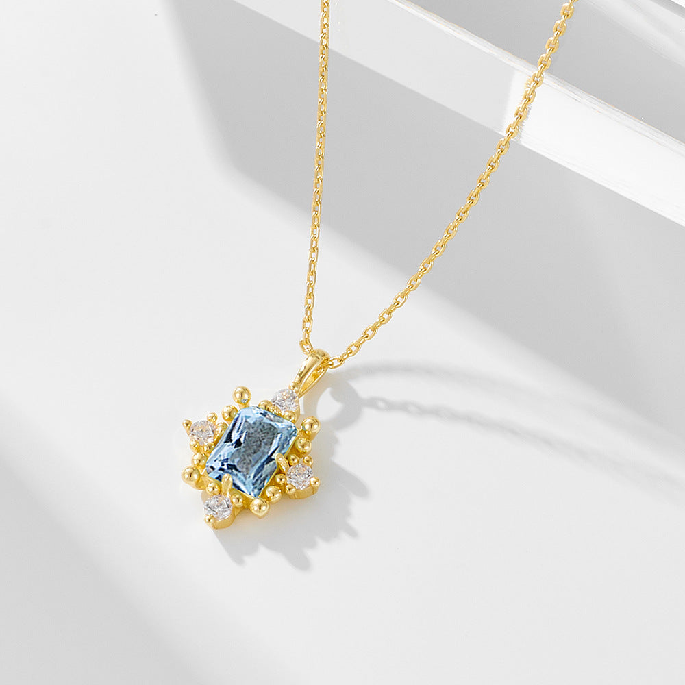 S925 Sterling Silver Retro Natural Sky Blue Topaz Necklace