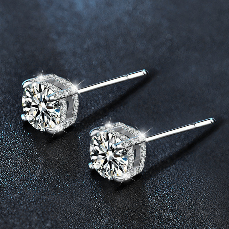 925 Sterling Silver Four-Prong Stud Earrings — Fully Set with Moissanite