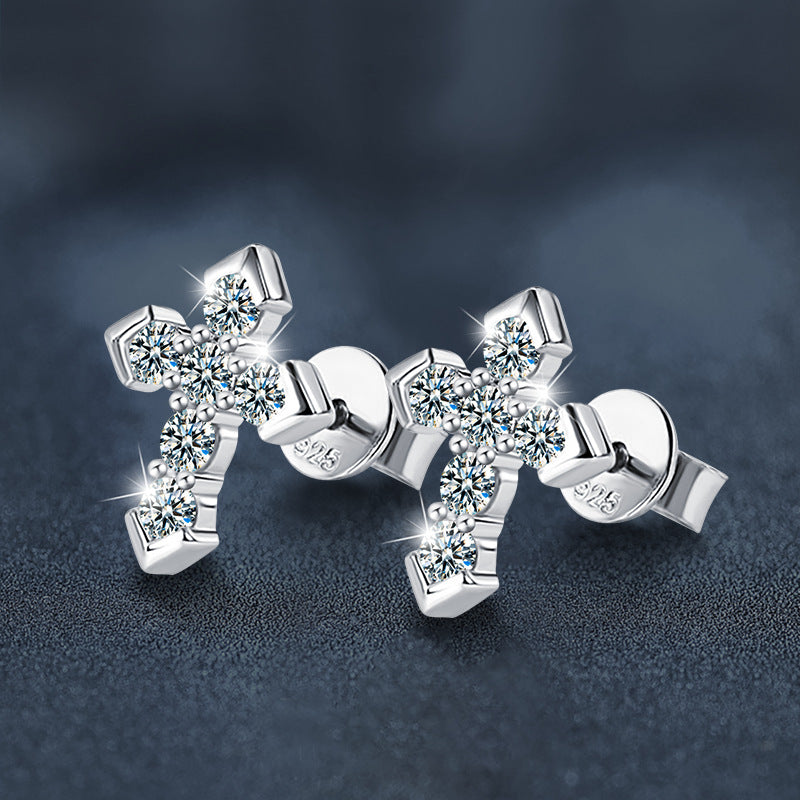 S925 Sterling Silver & Moissanite Cross Stud Earrings
