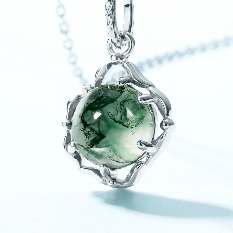 S925 Sterling Silver Green Moss Stone Pendant Necklace