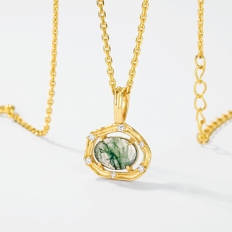 S925 Sterling Silver Gold-Plated Green Moss Pendant Necklace