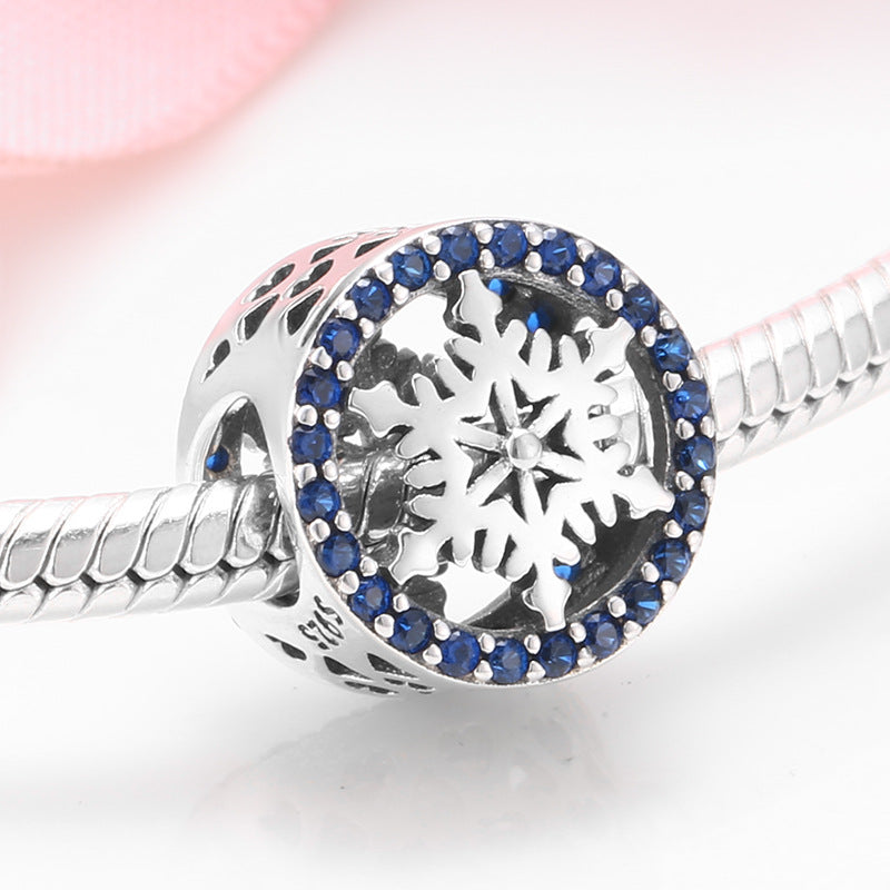 S925 Sterling Silver Ice Crystal Snowflake Blue Zircon Inlaid Bead Pendant