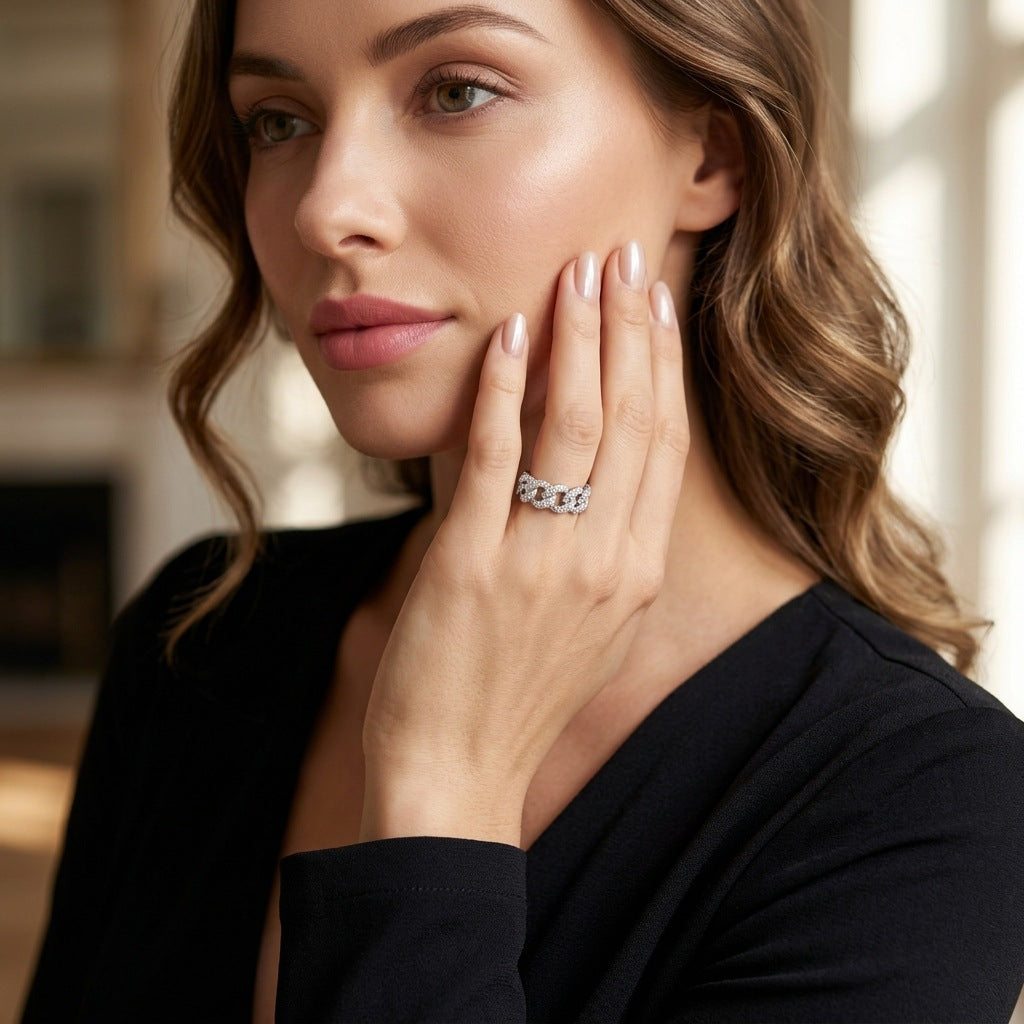 S925 Silver Cuban Chain Moissanite Ring