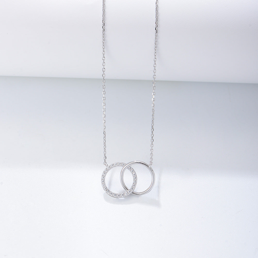 S925 Sterling Silver Simple Zircon Inlaid Double Circle Double Ring Necklace