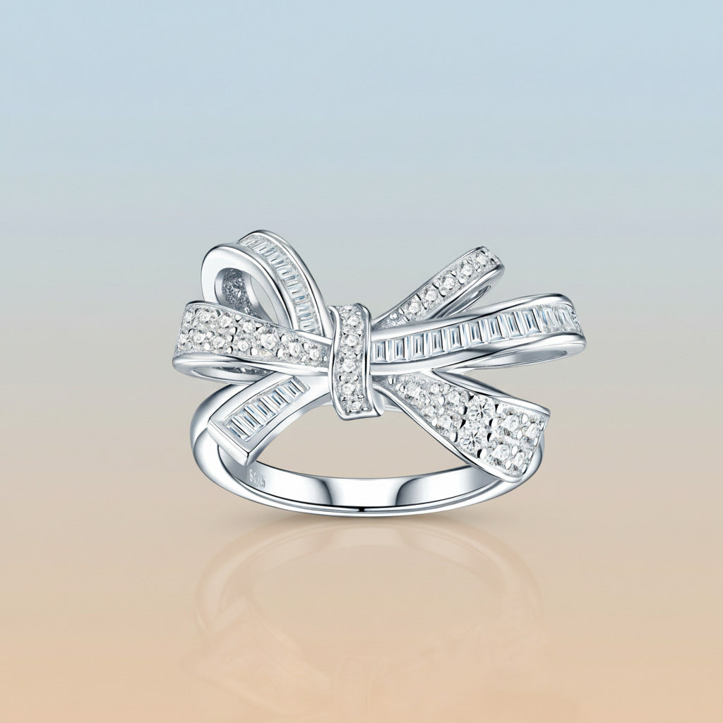 S925 Silver Bow-knot T-Square Moissanite Ring