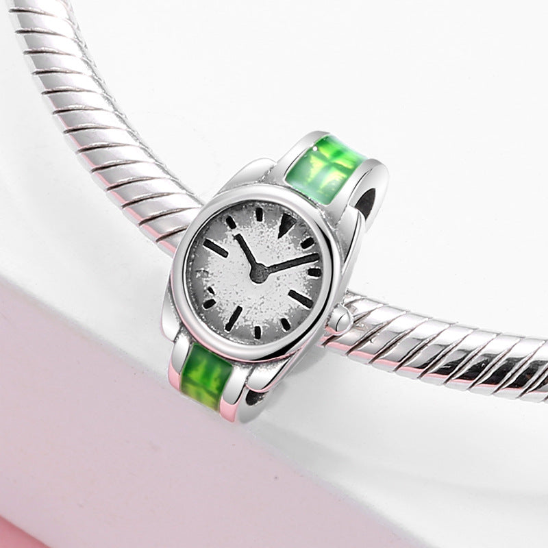 S925 Sterling Silver Mini Watch Beaded Pendant
