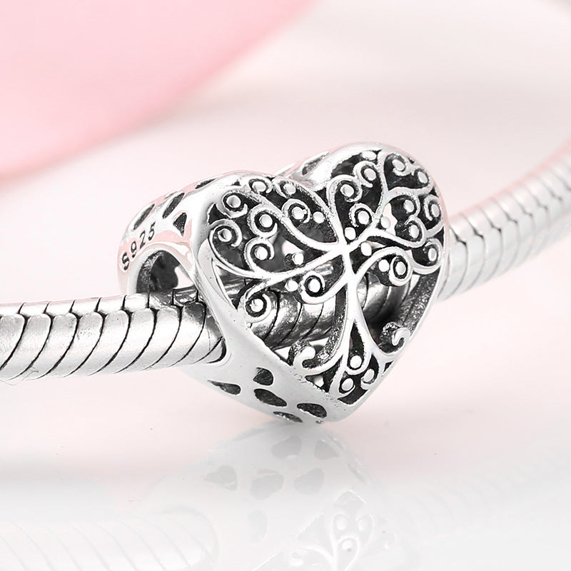 S925 Sterling Silver Heart Hollow Tree of Life Bead Pendant