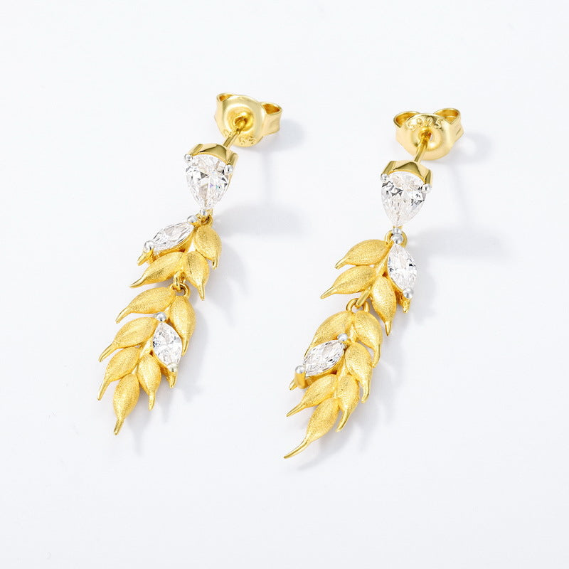 S925 Sterling Silver Gold-Plated Zircon Inlaid Wheat Tassel Earrings