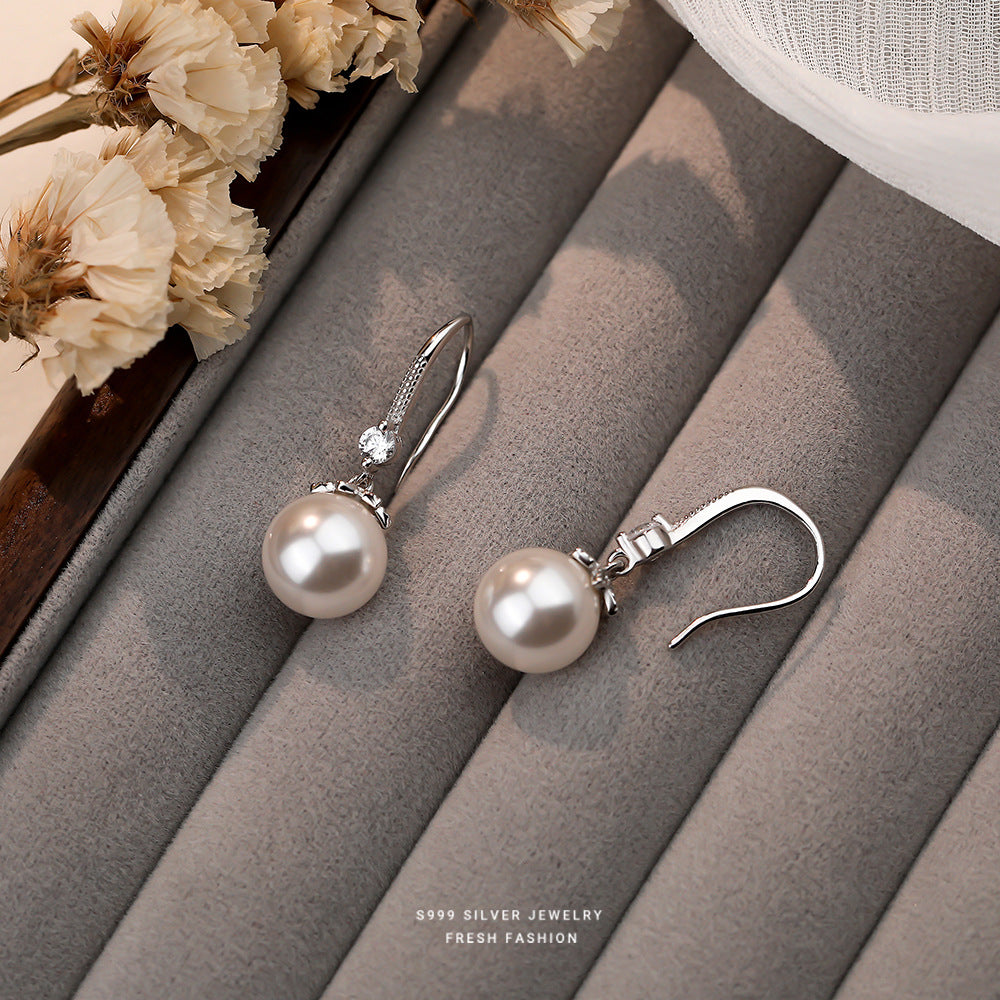 S999 Pure Silver Pearl Drop Earrings with Zirconia