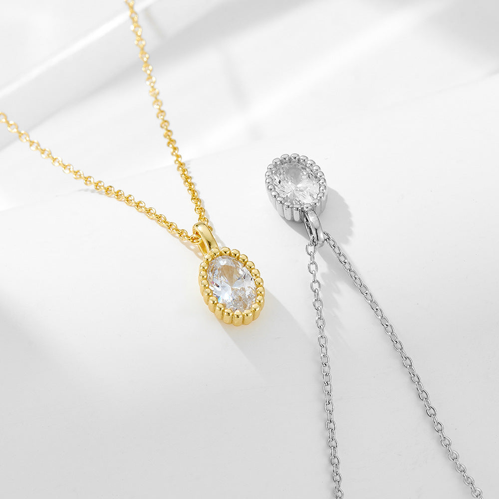S925 Sterling Silver Plated 14K Gold Oval Zircon Pendant Necklace