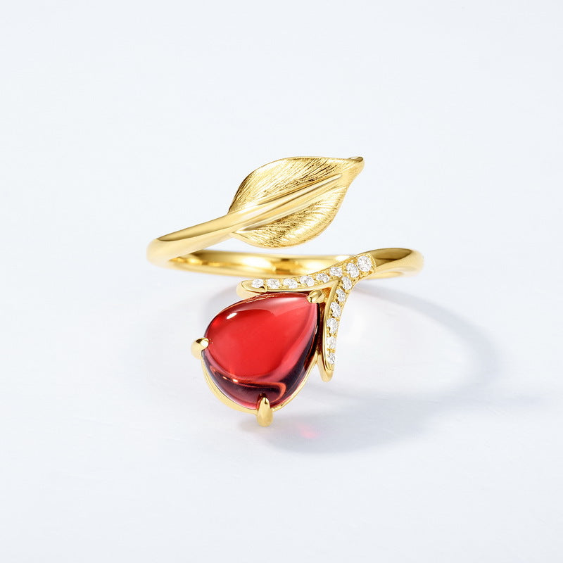 S925 Sterling Silver Gold-Plated Garnet Leaf Shape Ring