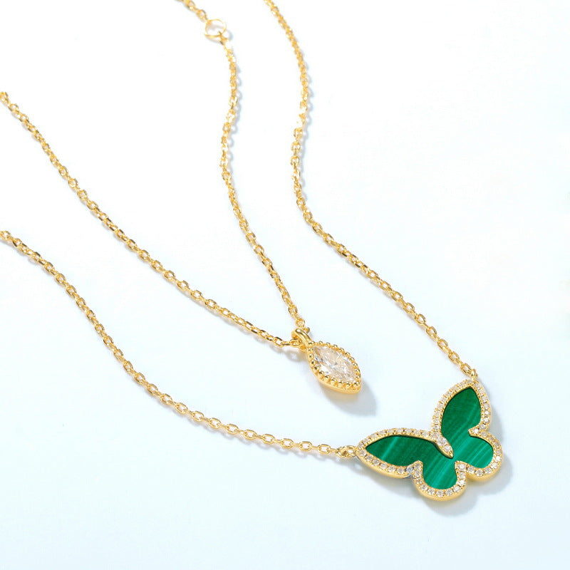 S925 Sterling Silver 10K Gold Green Malachite Butterfly Double Chain Necklace