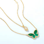 S925 Sterling Silver 10K Gold Green Malachite Butterfly Double Chain Necklace
