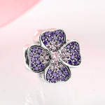 S925 Sterling Silver Sparkling Pink Purple Four Leaf Clover Bead Pendant