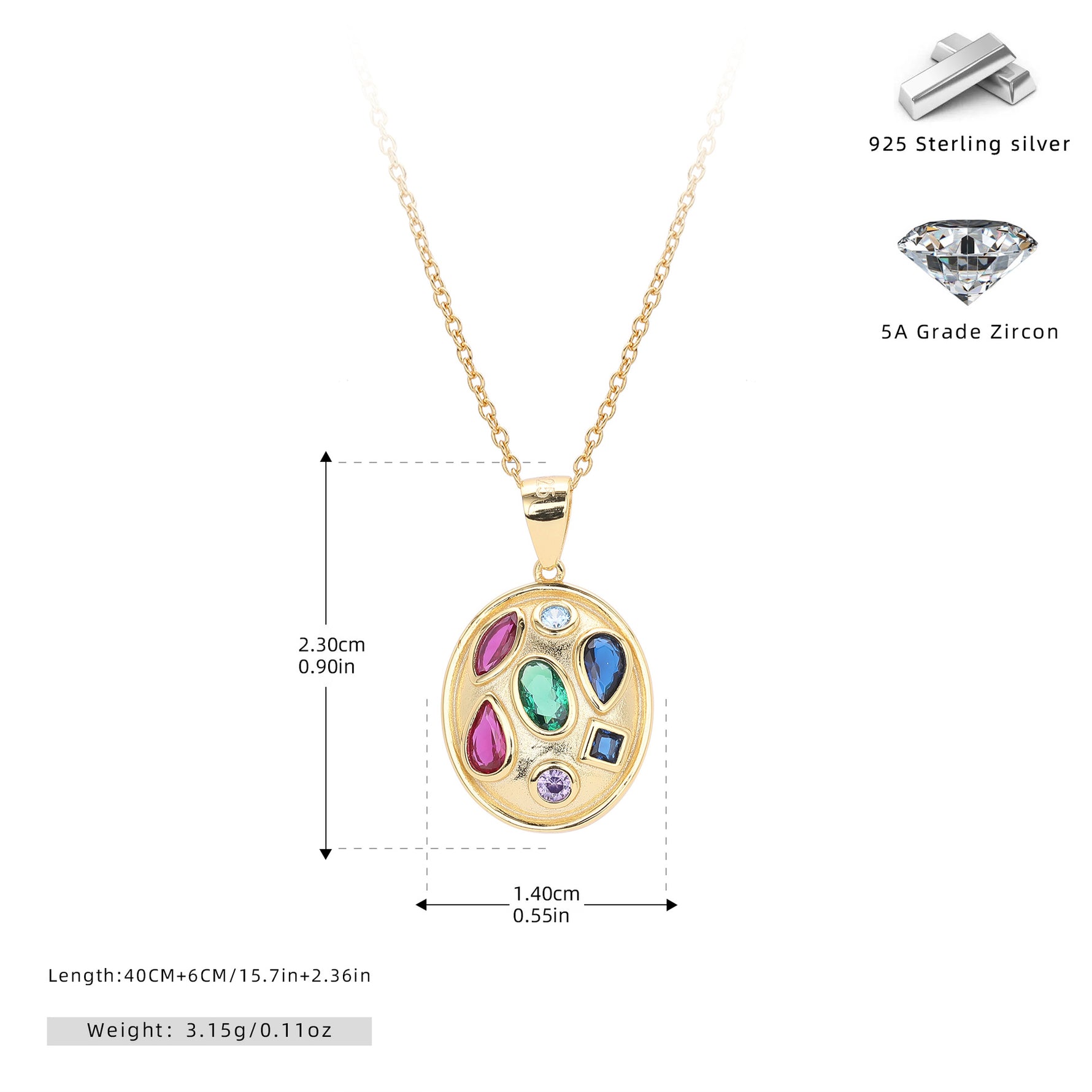 S925 Sterling Silver Color Zirconium Pendant Necklace