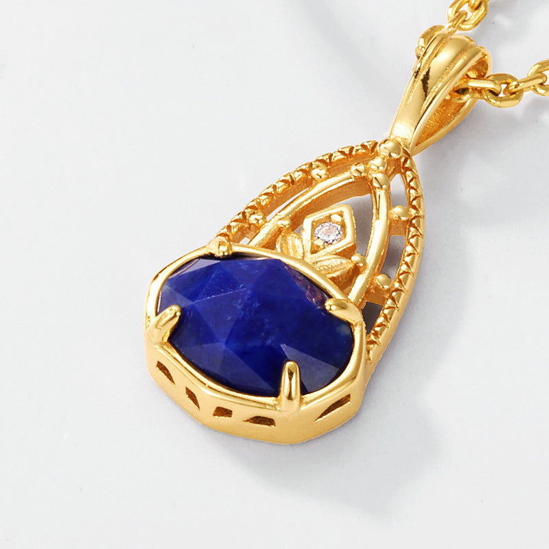 S925 Sterling Silver Gold-Plated Vintage Natural Lapis Lazuli Pendant Necklace