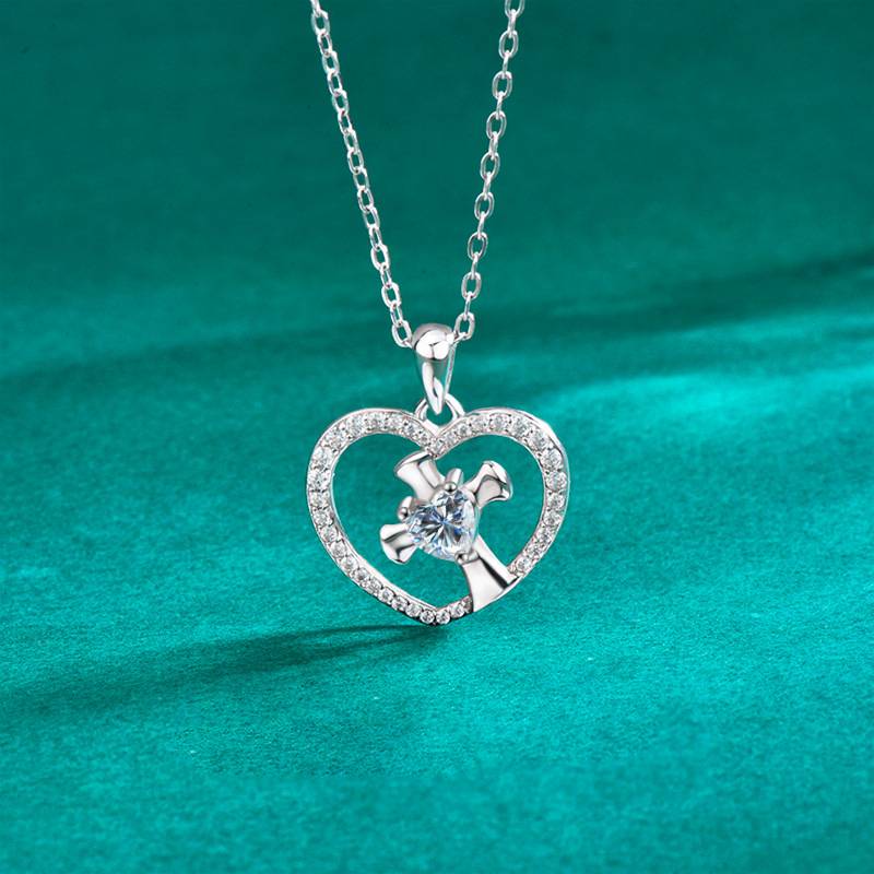 S925 Sterling Silver Moissanite Heart-Shaped Cross Necklace