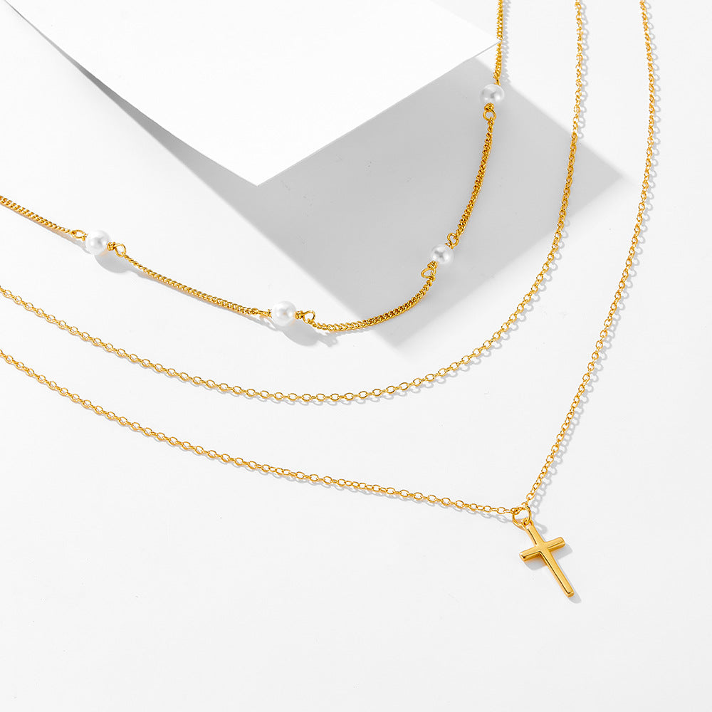 S925 Sterling Silver Vintage Pearl Cross Pendant Necklace