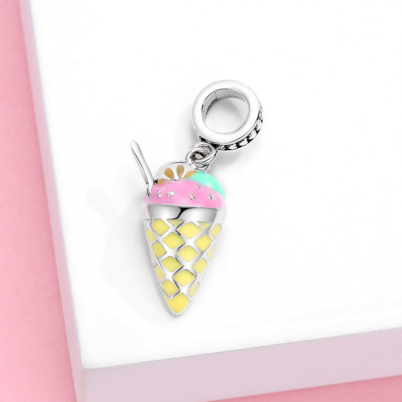 S925 Sterling Silver Ice Cream Cartoon Cute Summer Cone Pendant