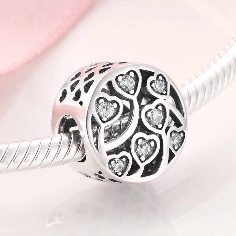 S925 Sterling Silver Hollow Heart Zircon Inlaid Bead Pendant