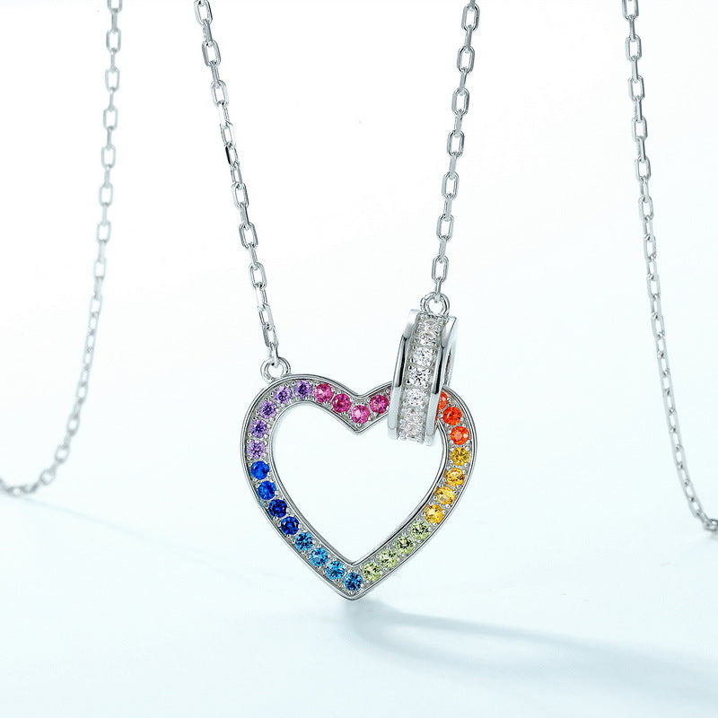 S925 Sterling Silver Full Rainbow Zircon Inlaid Heart-Shaped Necklace