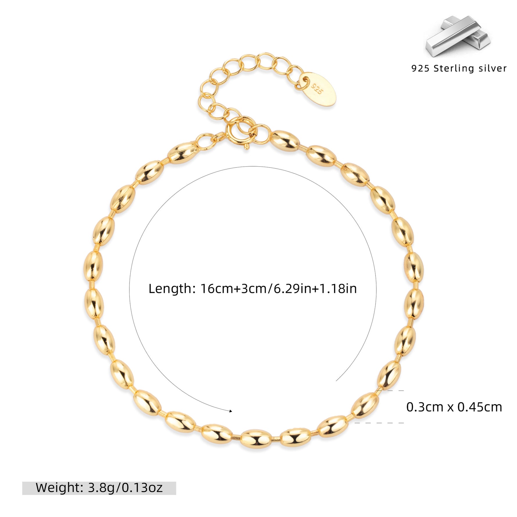 S925 Sterling Silver Rice Bead Bracelet
