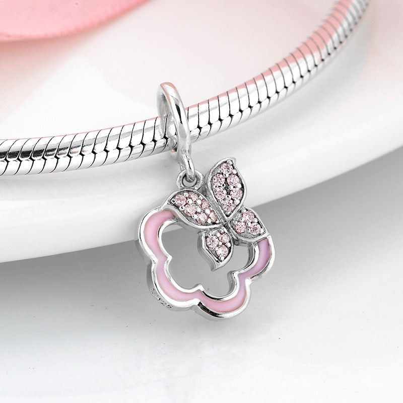 S925 Sterling Silver Zircon Pink Sakura Enamel Butterfly Pendant