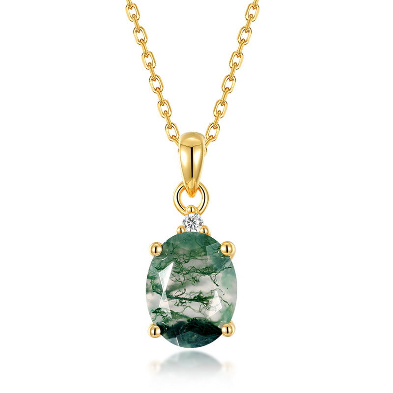S925 Sterling Silver Inlay Natural Green Agate Pendant Necklace
