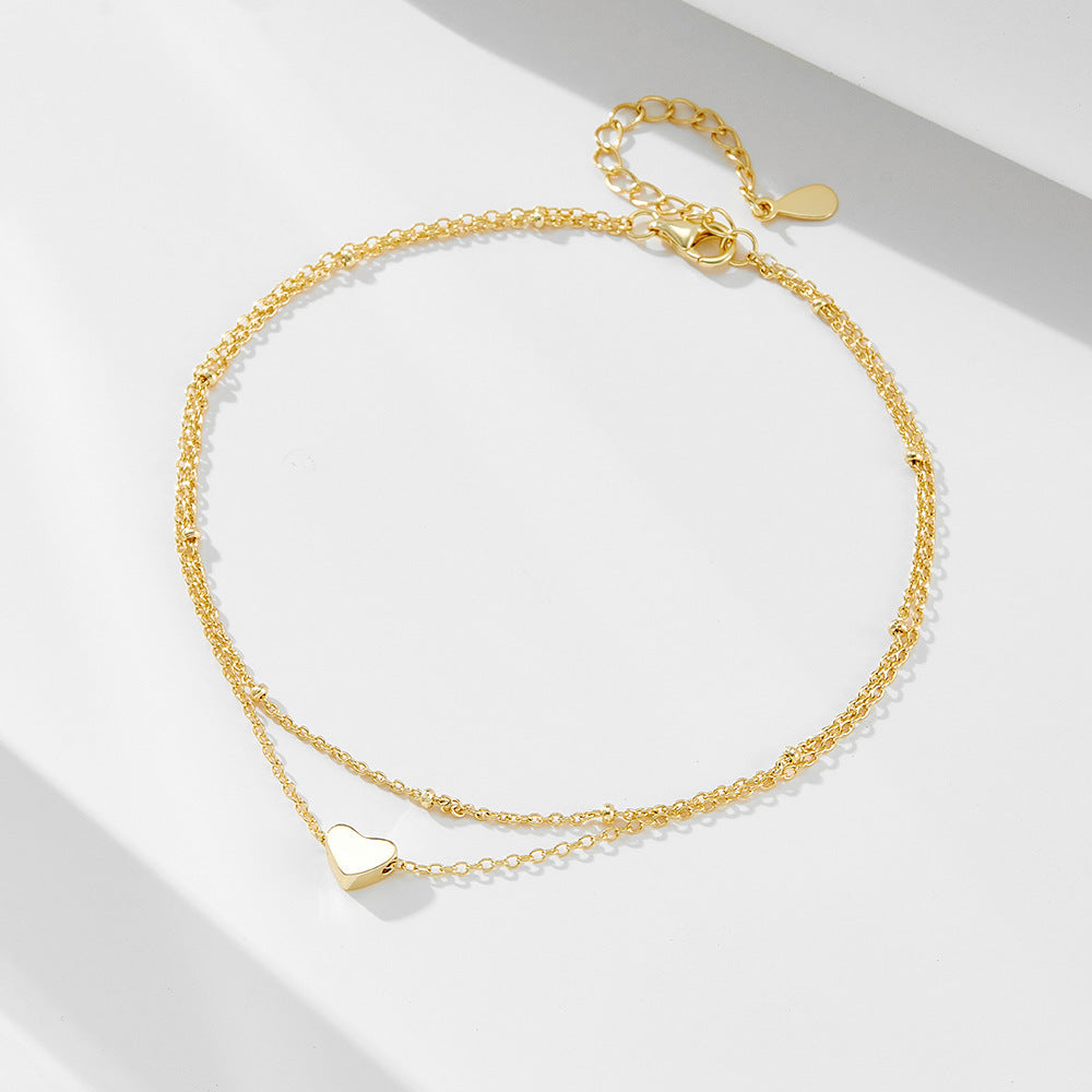 S925 Sterling Silver Double-Layer Chain Heart-Shaped Pendant Anklet