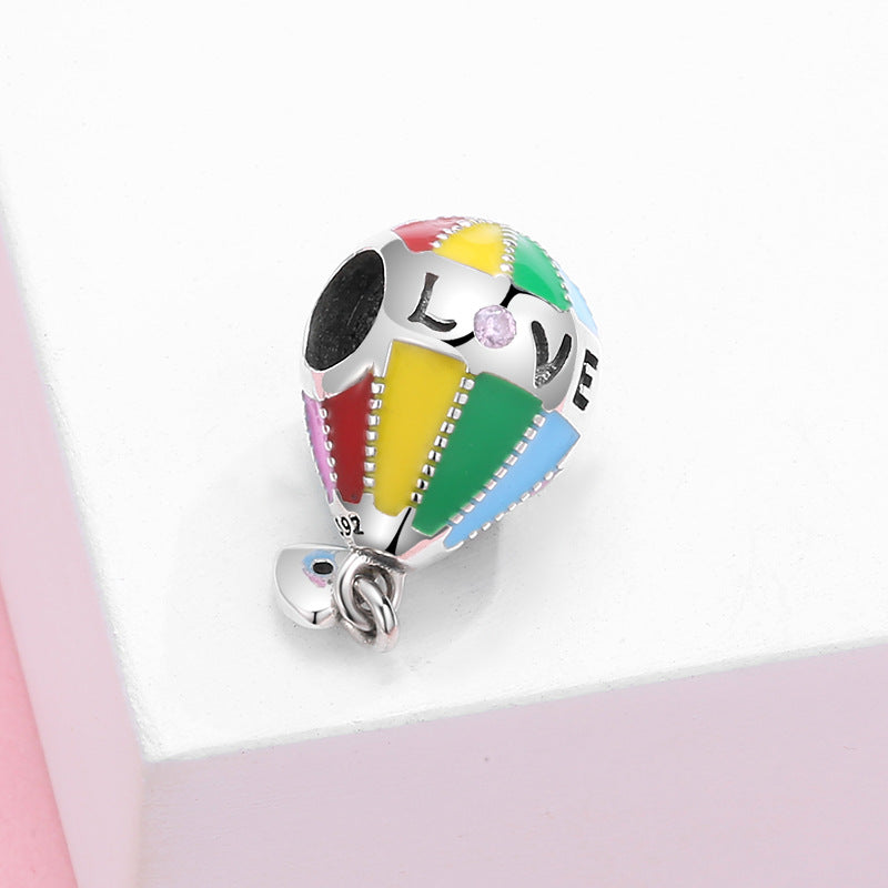 S925 Sterling Silver Hot Air Balloon Painted Love Loving Heart Zircon Pendant