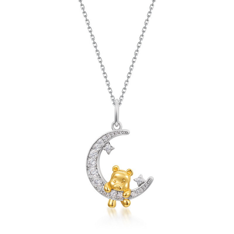 S925 Sterling Silver Cute Bear Zircon Inlaid Pendant Necklace