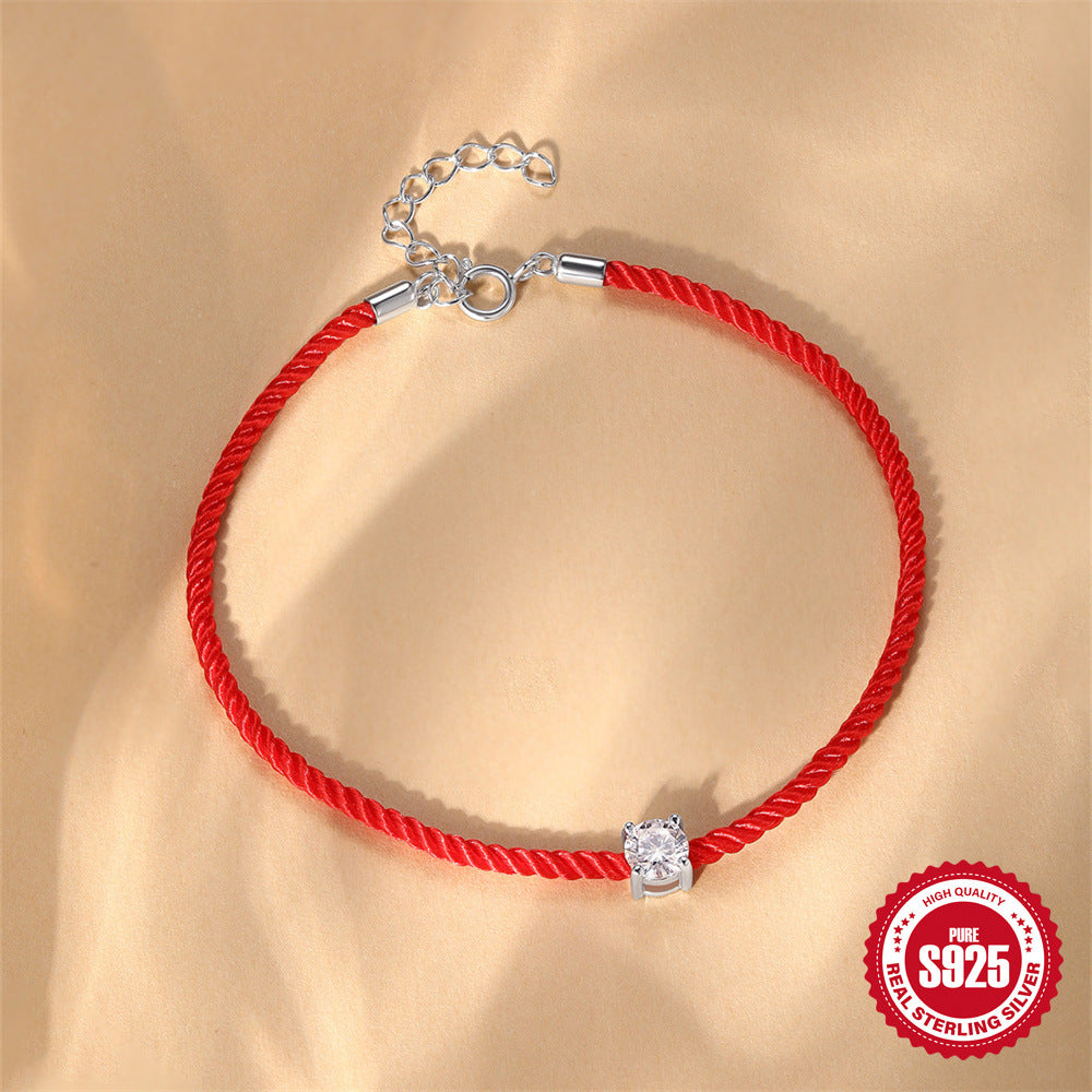 S925 Sterling Silver Red Cord Bracelet with Single Moissanite Stone