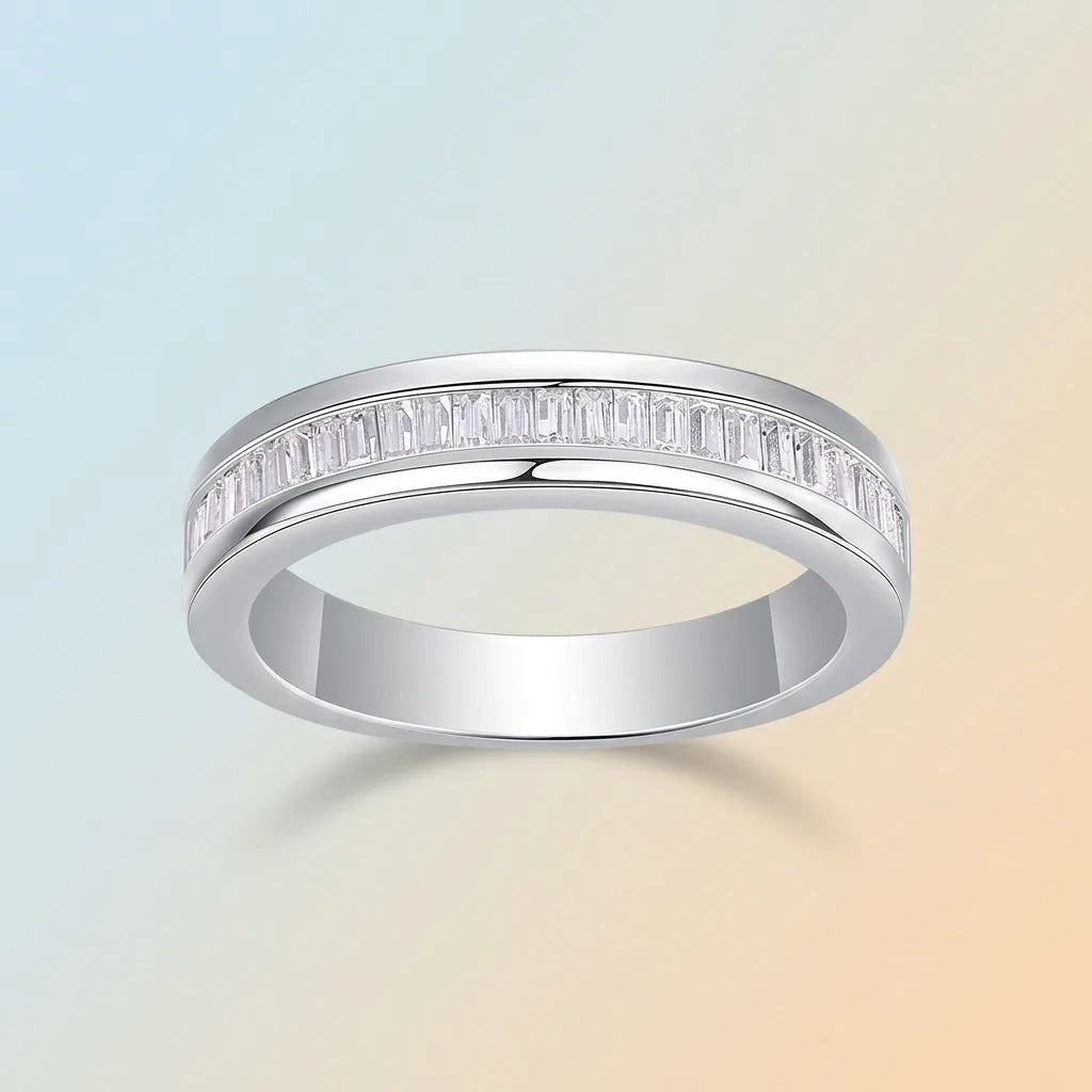 S925 Sterling Silver Ring with Flat-Set Baguette Moissanite