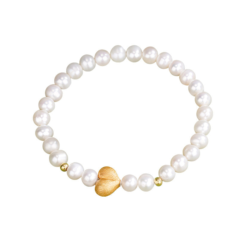 S925 Sterling Silver Natural Freshwater Pearl Peach Heart Bracelet