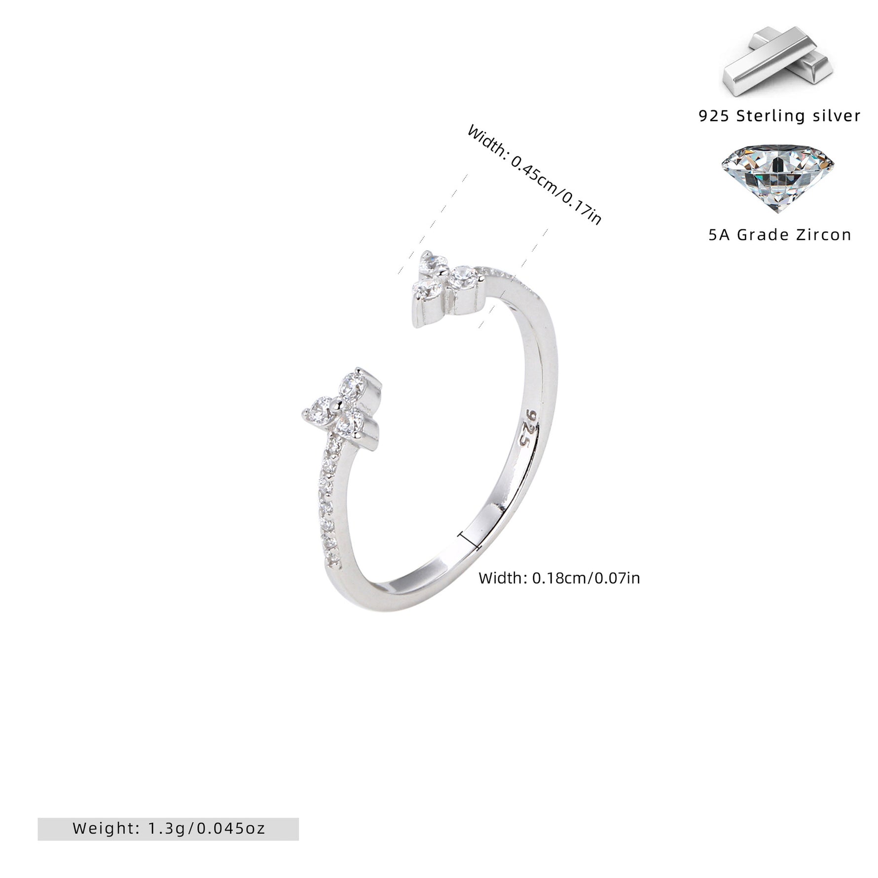 925 Sterling Silver Ring with Adjustable Opening and Zirconia for Delicate Small Flowers